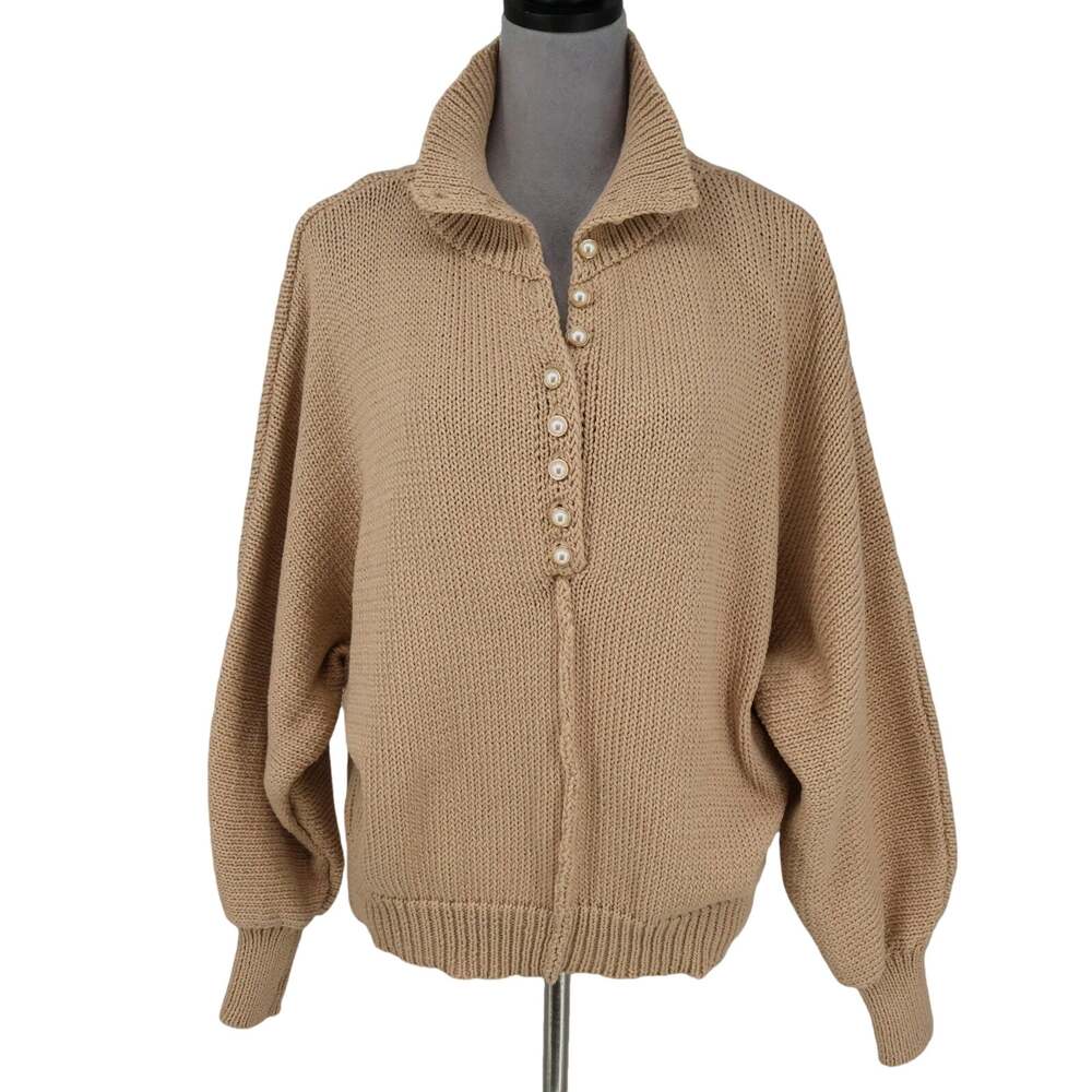 Pol Sweater Womens Medium Beige Tan Henley Pearl Buttons Dolman Sleeves Pullover